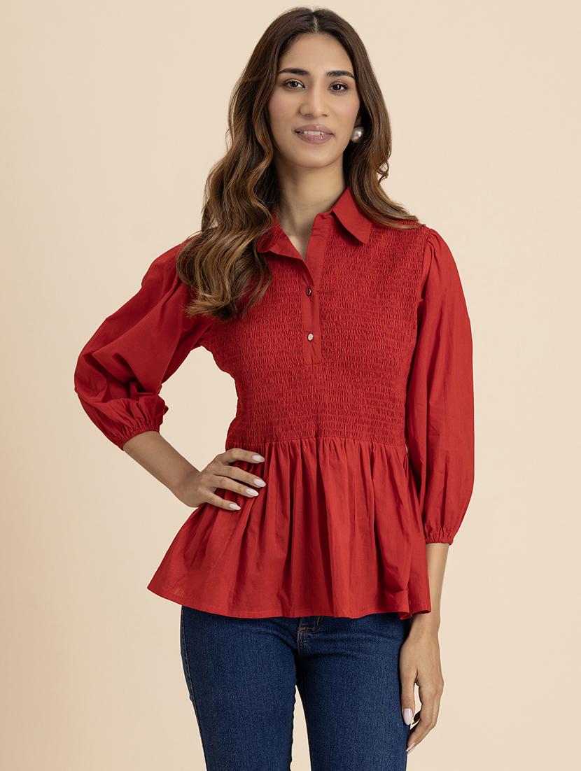 women red cotton peplum top