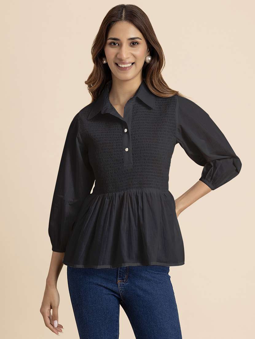 women solid bishop sleeves peplum top
