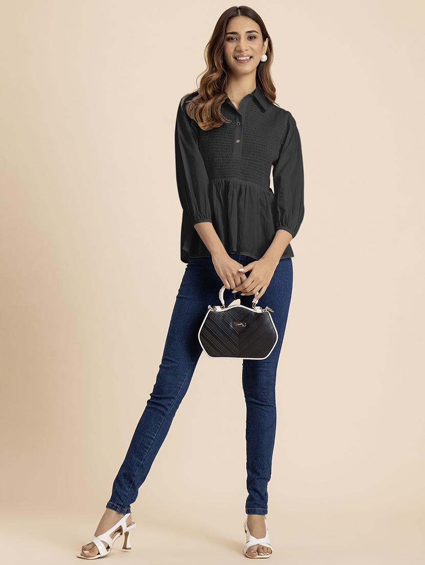 women solid bishop sleeves peplum top - 21521730 - Standard Image - 4