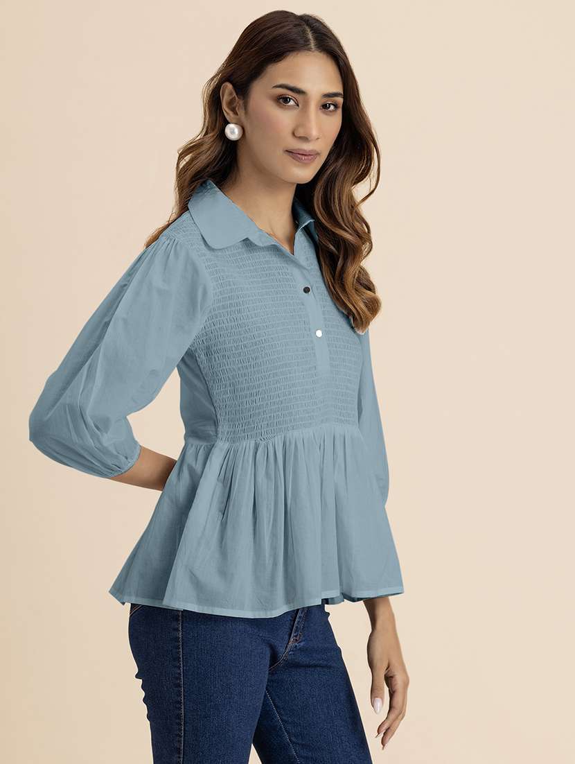 women sea green cotton peplum top - 21521731 -  Standard Image - 1