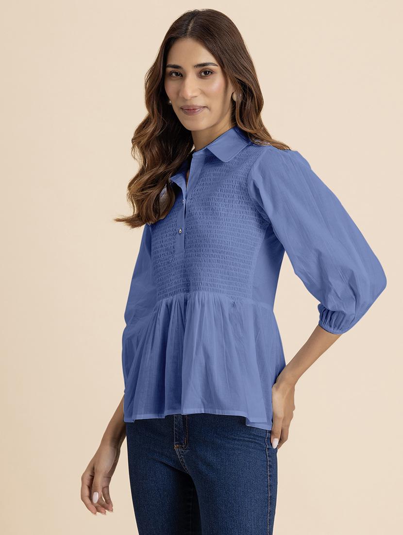 women blue cotton peplum top - 21521732 - Standard Image - 1