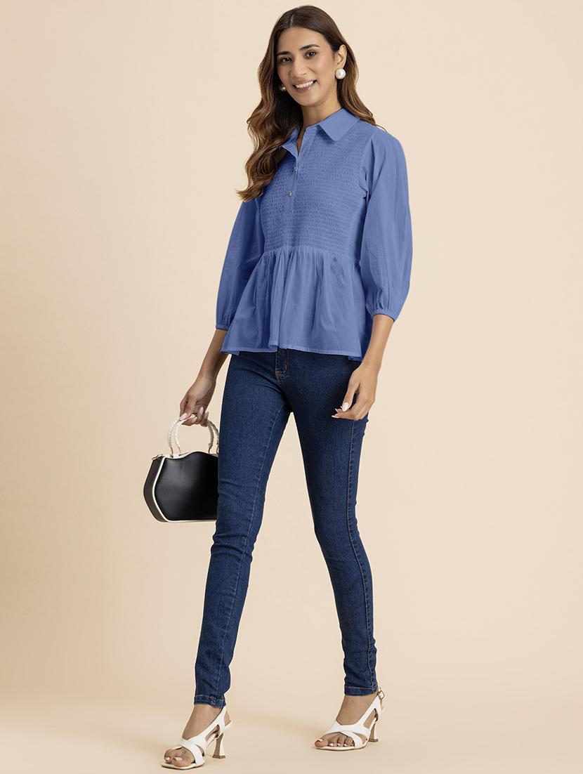 women blue cotton peplum top - 21521732 - Standard Image - 4