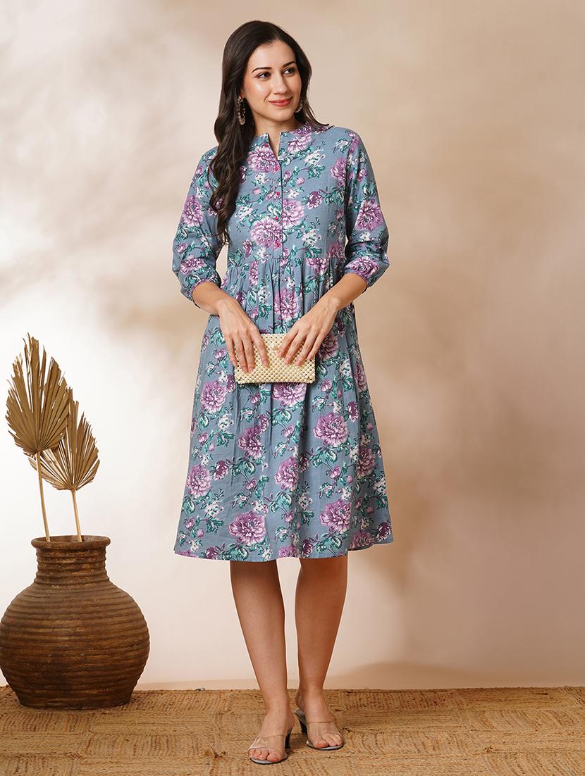women grey floral printed a-line dress - 21521857 - Zoom Image - 0