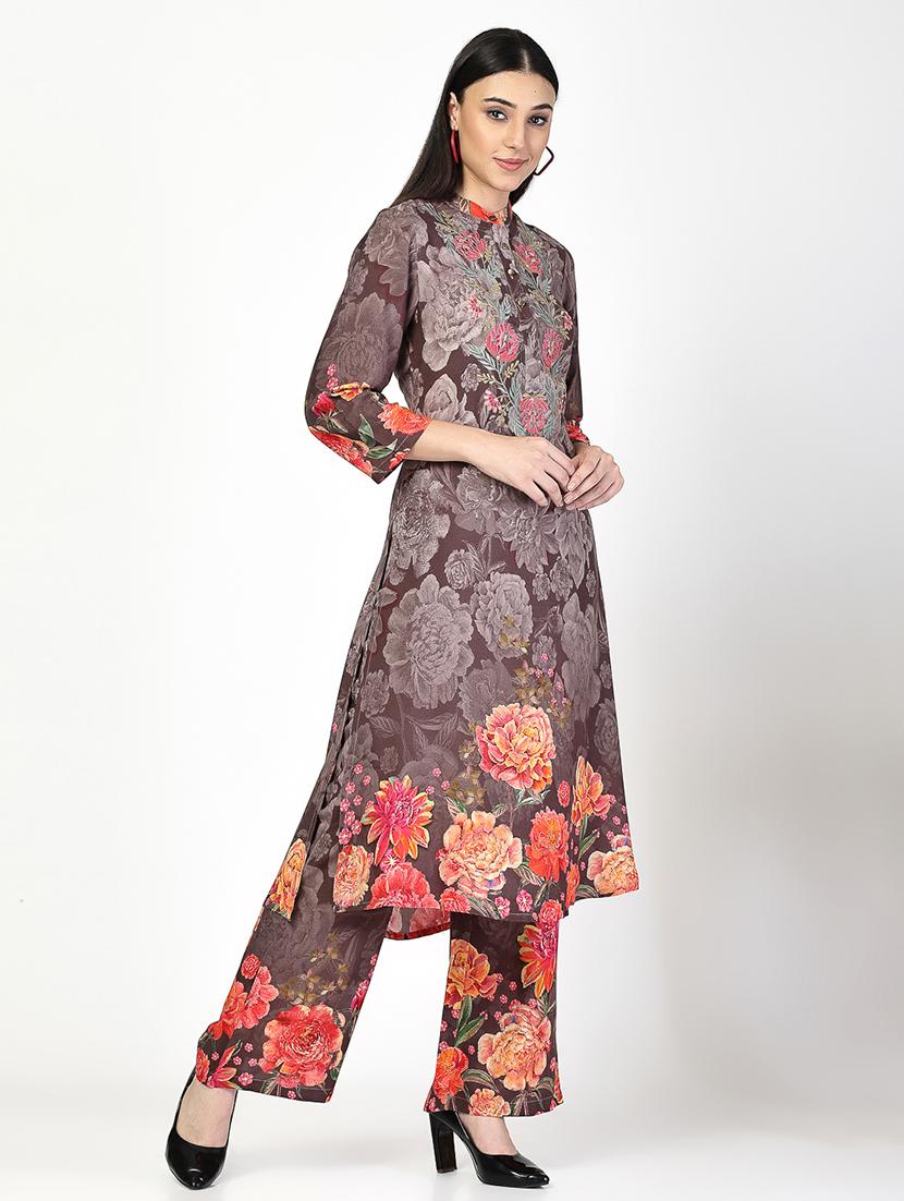 women brown floral kurta pant set - 21521938 - Standard Image - 1