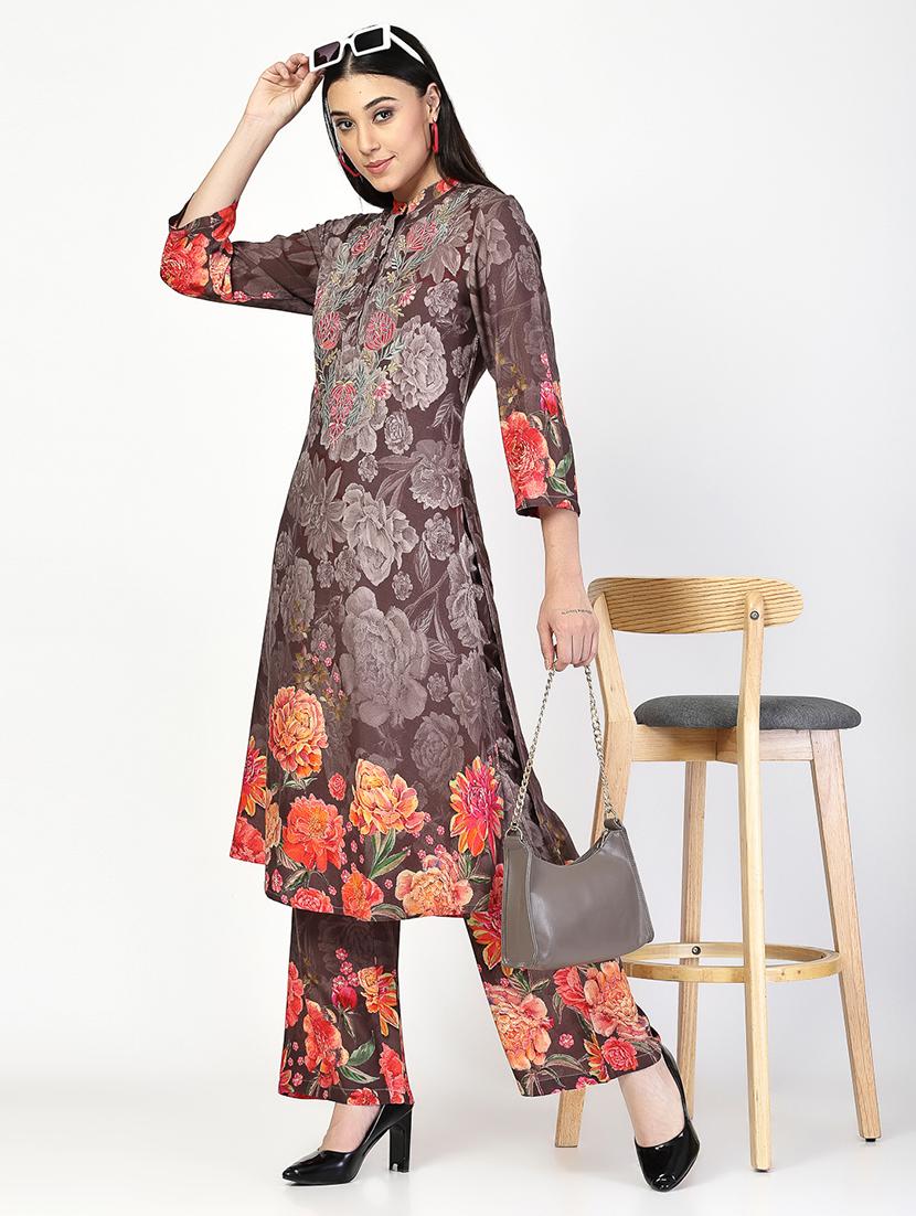 women brown floral kurta pant set - 21521938 - Standard Image - 4