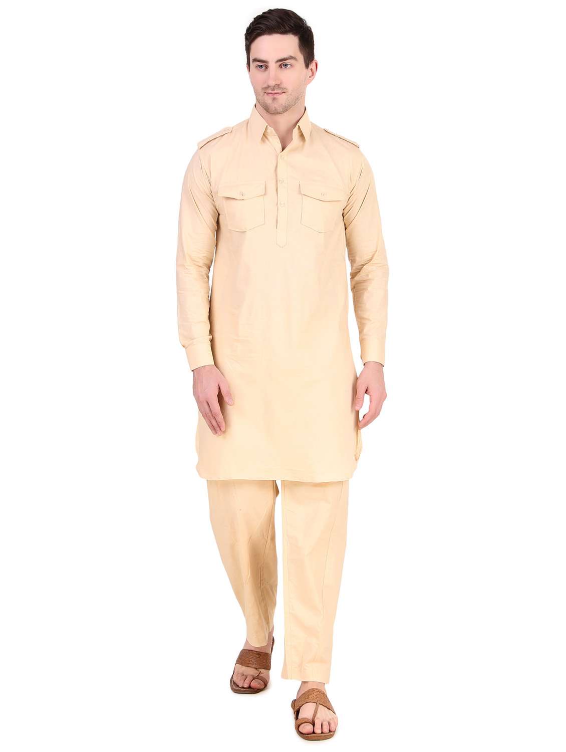 men beige cotton blend kurta & pyjama set