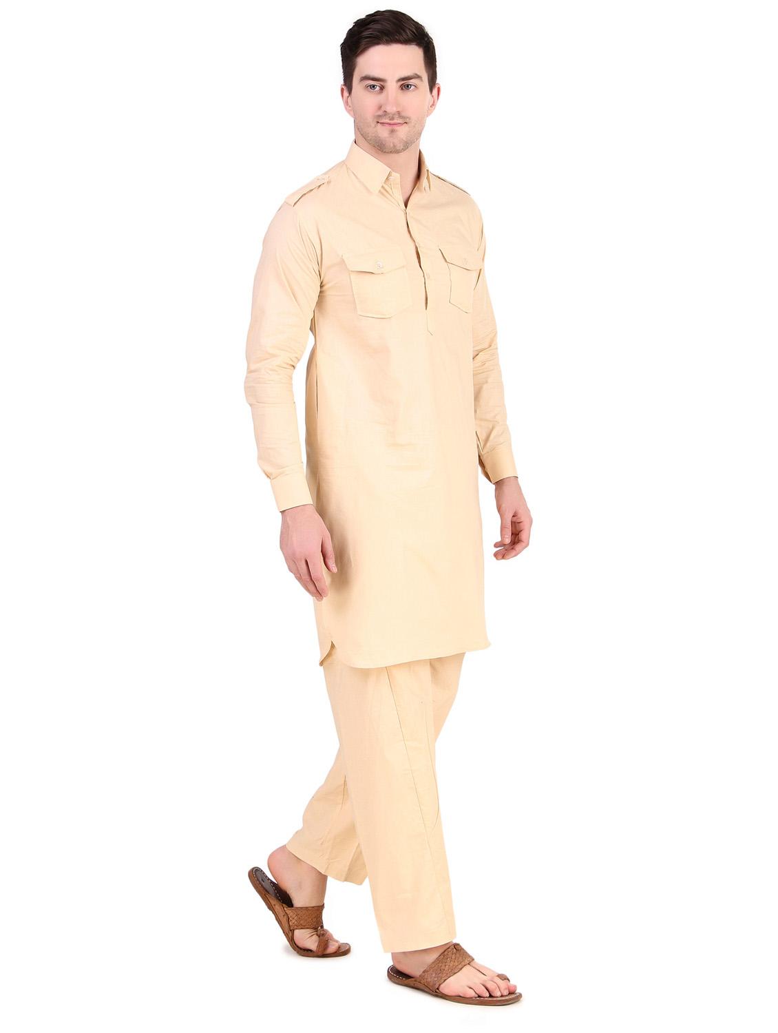 men beige cotton blend kurta & pyjama set - 21522018 - Standard Image - 1