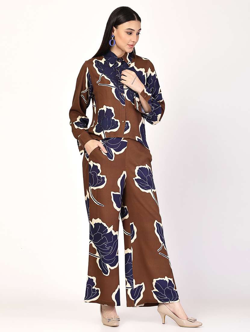 women brown rayon top and trouser co-ord set - 21522324 - Standard Image - 1