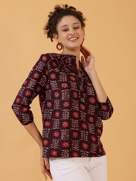 women maroon block printed straight top - 21522427 - Standard Image - 1