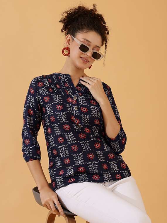 women blue block printed straight top - 21522428 - Standard Image - 1