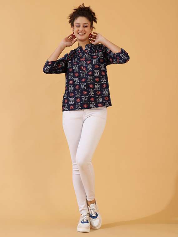women blue block printed straight top - 21522428 - Standard Image - 4