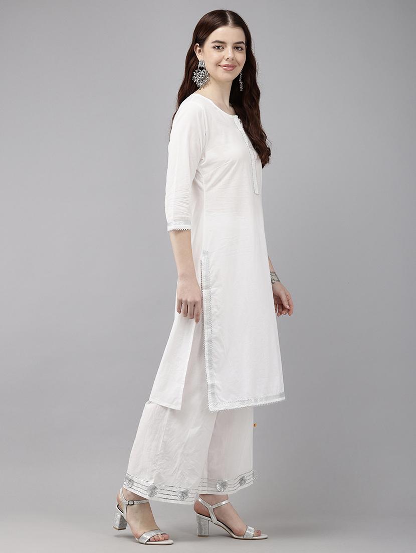 women white solid with work kurta palazzo set  - 21522484 -  Standard Image - 1