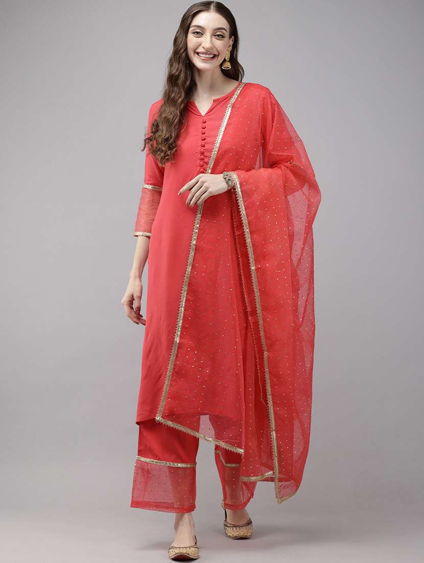 women three quarter sleeve kurta palazzo with dupatta set
