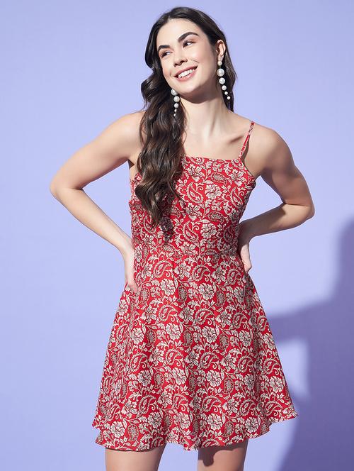 women printed shoulder strap fit & flare dress - 21522746 - Standard Image - 0