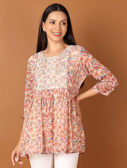 women peach paisley printed flared kurti - 21522881 -  Standard Image - 0