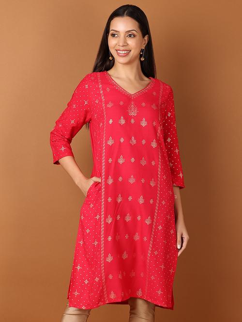 women red three quarter sleeve a-line kurta - 21522885 - Standard Image - 0