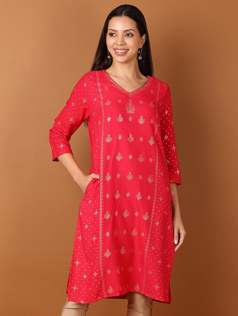 women red three quarter sleeve a-line kurta - 21522885 - Zoom Image - 0