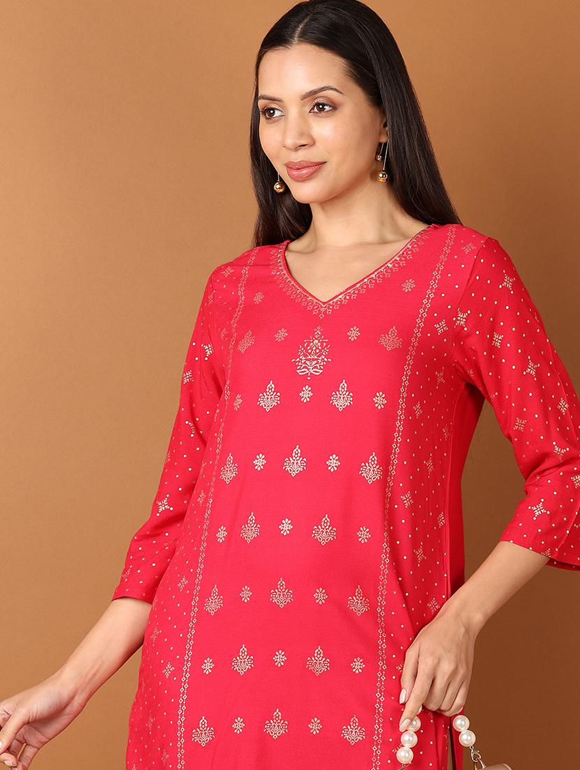 women red three quarter sleeve a-line kurta - 21522885 - Standard Image - 1