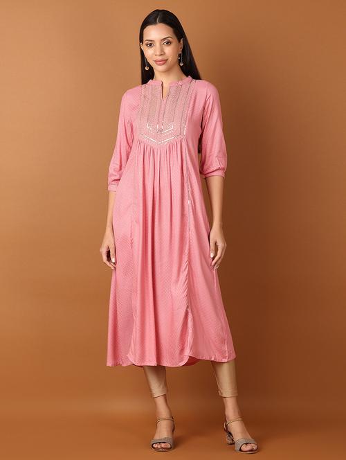 women pink mandarin neck flared kurta - 21522887 -  Standard Image - 0