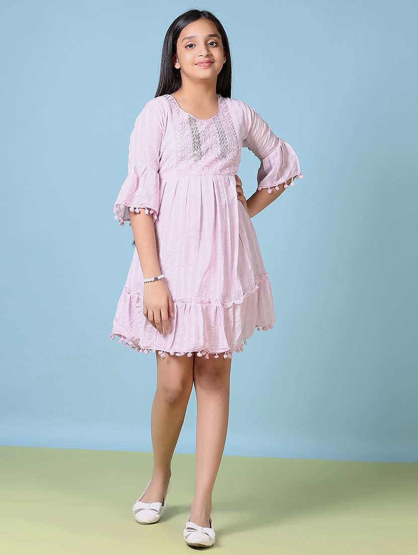 girls lavender embroidered bell sleeve fit & flare dress