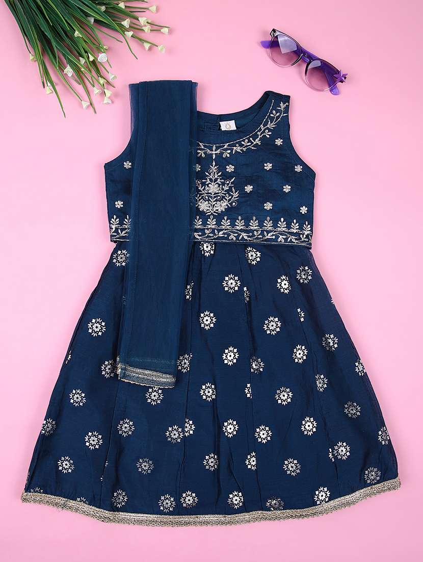 girl navy blue embroidered skirt top set with dupatta