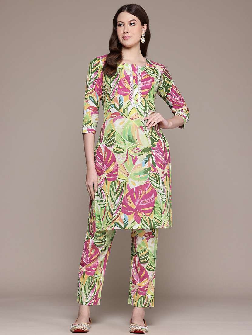 women tropical round neck kurta pant set - 21523109 -  Standard Image - 1