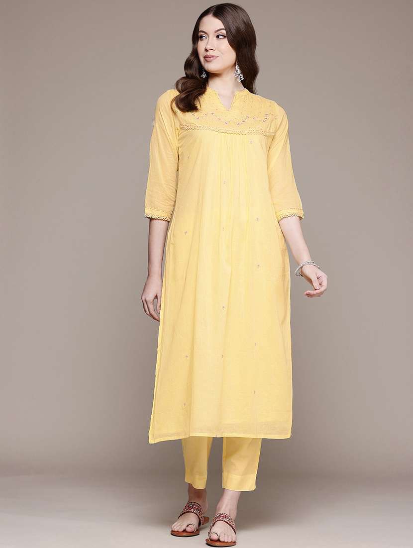 women solid with work notch neck kurta pant set - 21523120 -  Standard Image - 1