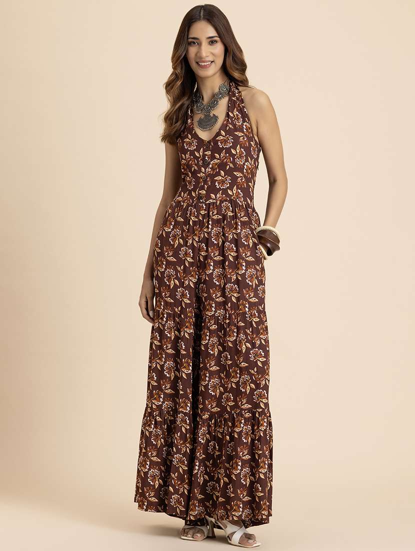 women brown viscose full leg jumpsuit