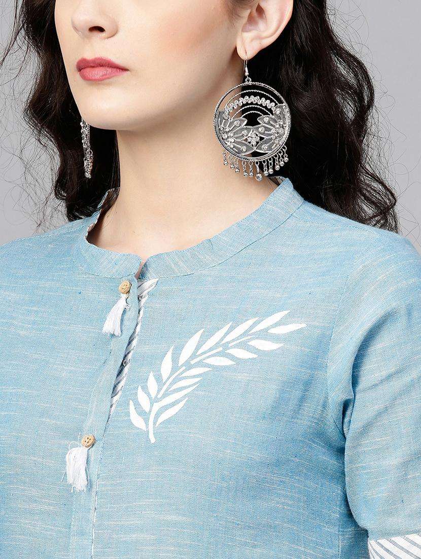 women light blue mandarin neck front slit kurta - 21523176 -  Standard Image - 1
