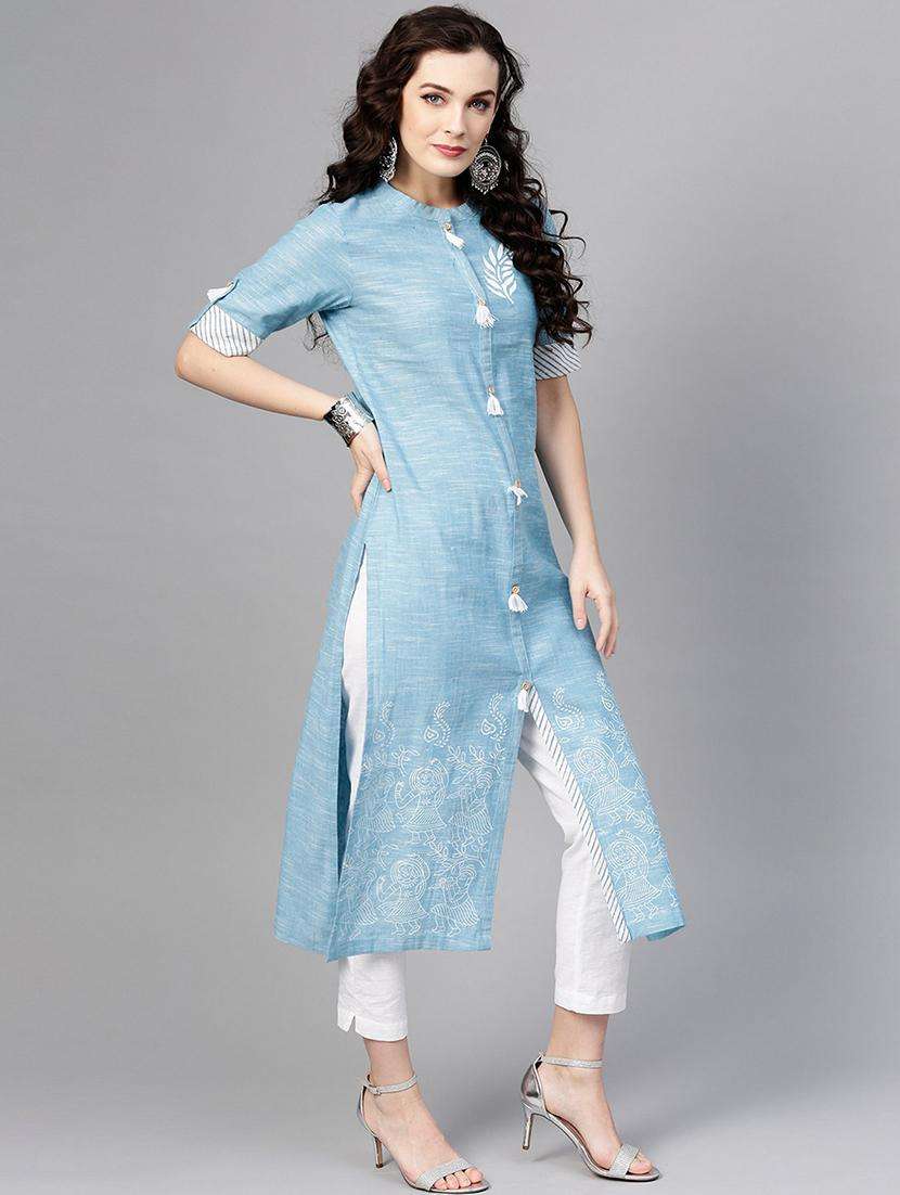 women light blue mandarin neck front slit kurta - 21523176 -  Standard Image - 4