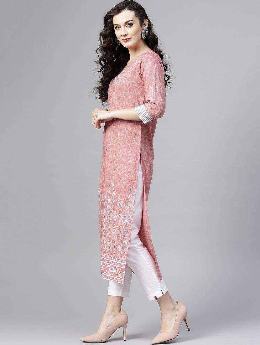 women peach round neck straight kurta - 21523177 -  Standard Image - 4