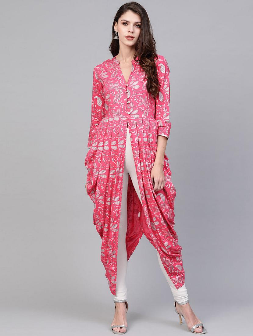 women pink mandarin neck asymmetric kurta - 21523184 -  Zoom Image - 0