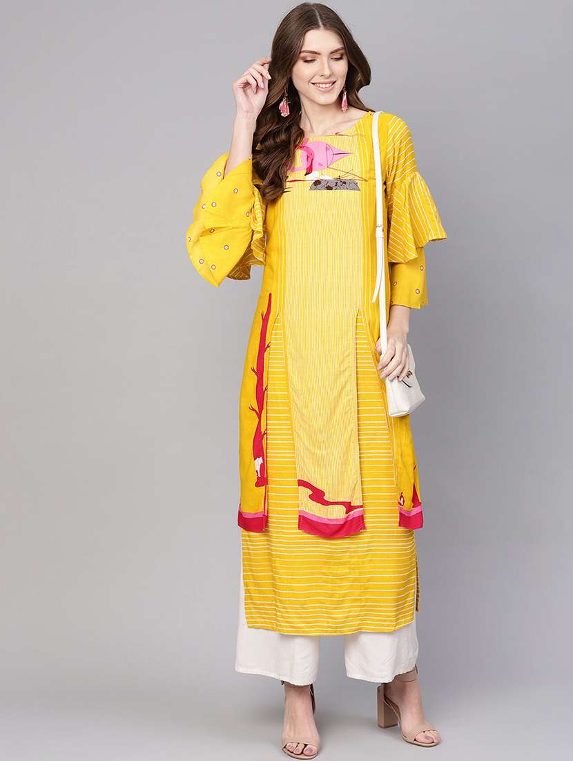 women yellow round neck straight kurta