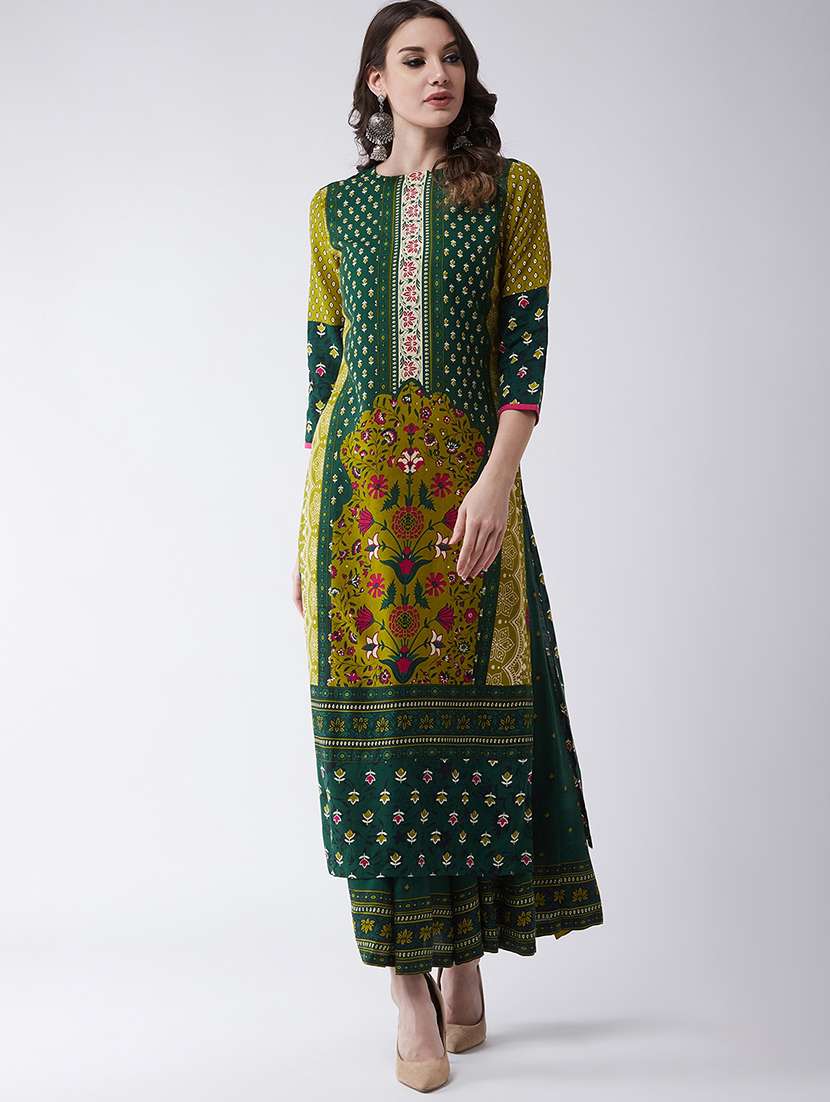 women green round neck straight kurta