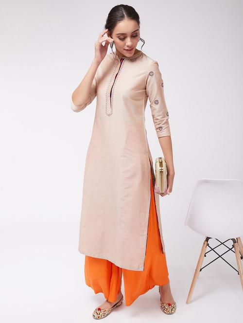 women beige mandarin neck straight kurta - 21523202 -  Standard Image - 0