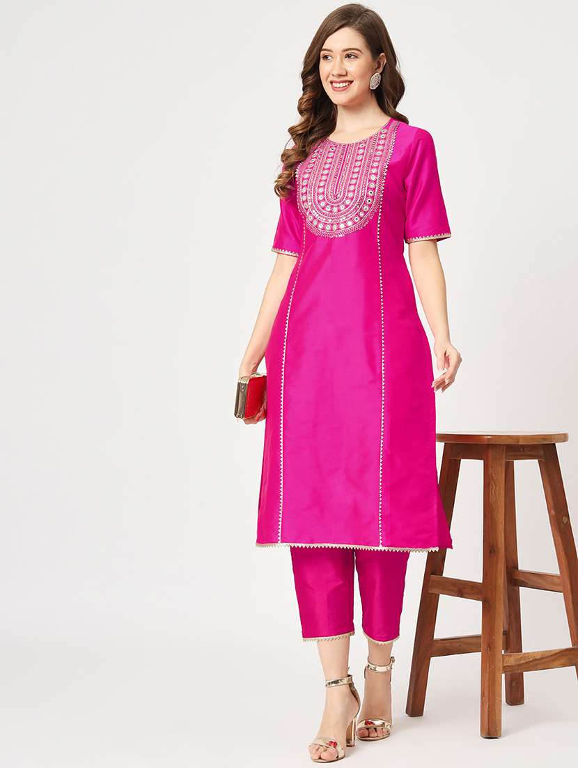 women pink round neck straight kurta