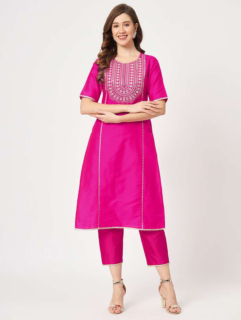 women pink round neck straight kurta - 21523203 -  Standard Image - 1