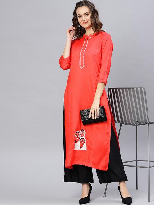 women red mandarin neck straight kurta - 21523204 -  Standard Image - 0
