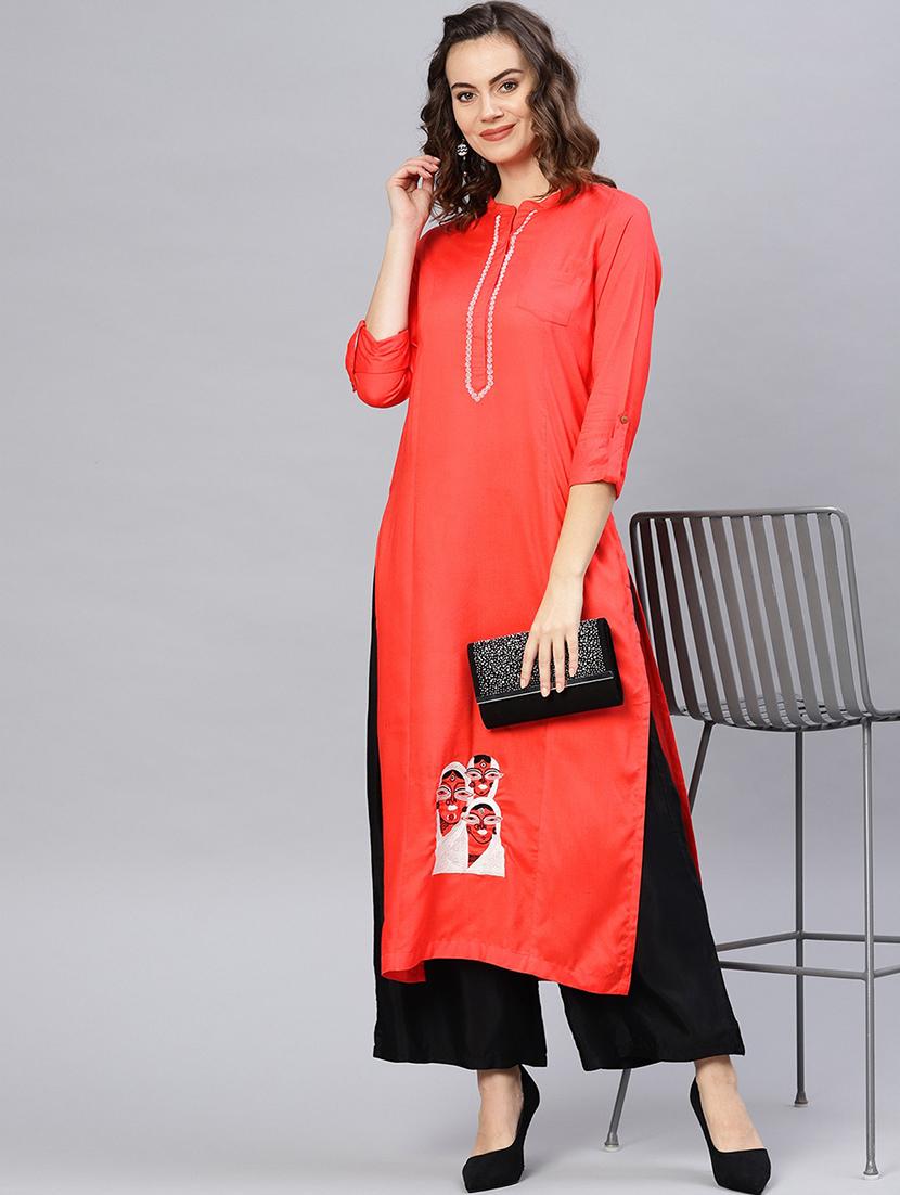 women red mandarin neck straight kurta - 21523204 -  Zoom Image - 0