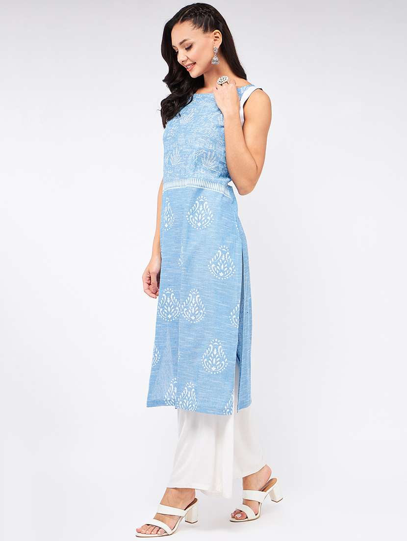 women light blue round neck straight kurta - 21523205 -  Standard Image - 1