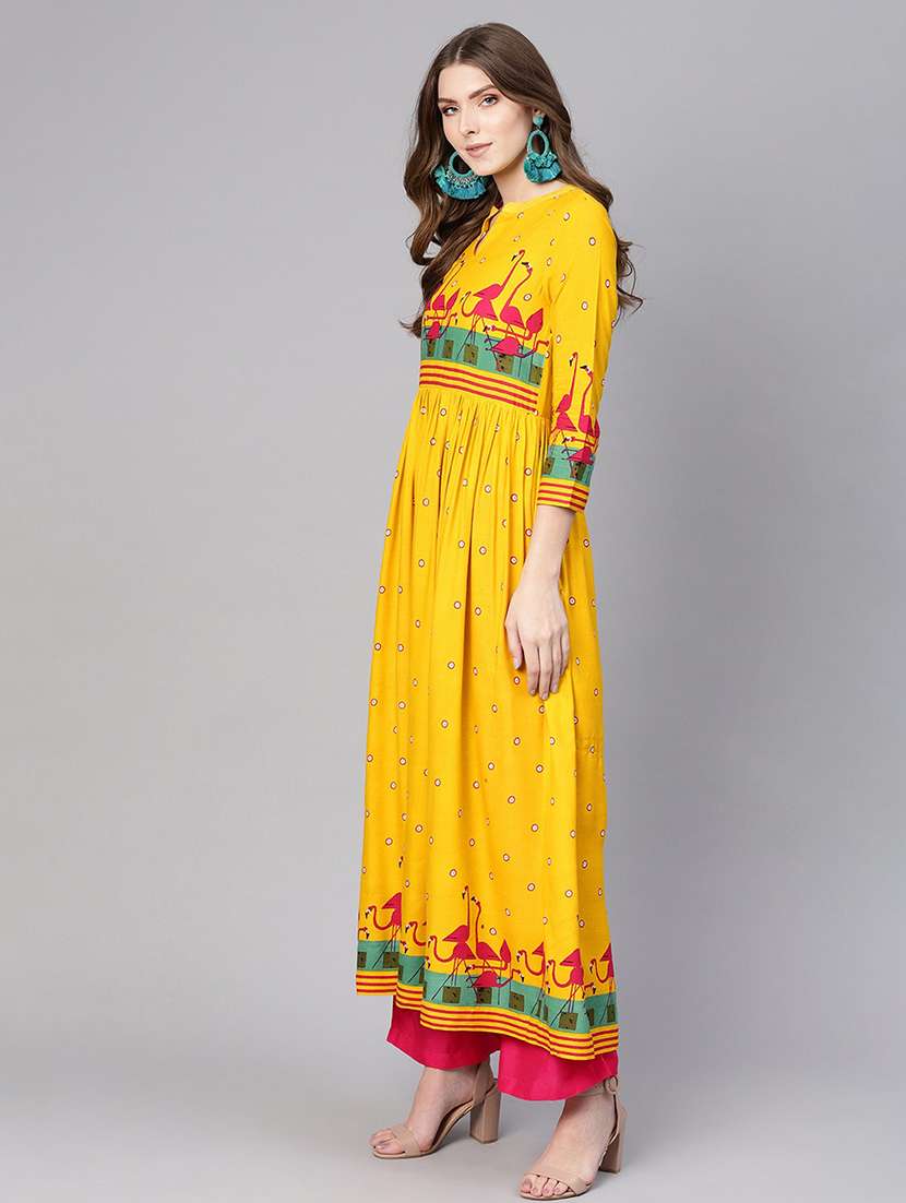 women yellow mandarin neck flared kurta