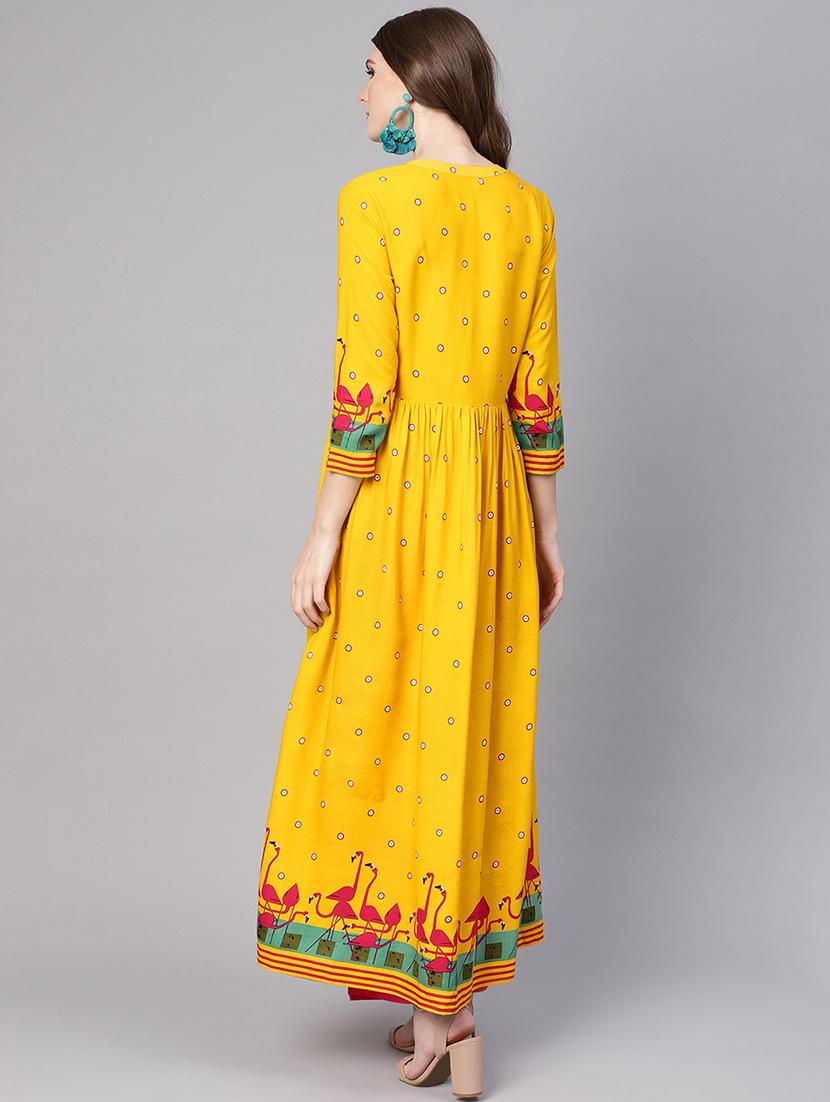 women yellow mandarin neck flared kurta - 21523210 - Standard Image - 1