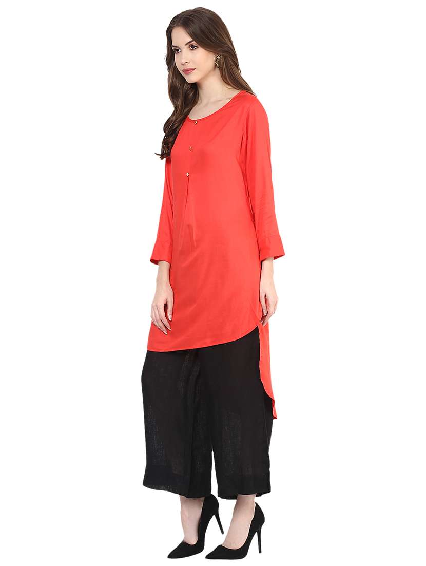 women red round neck high-low kurta - 21523211 -  Standard Image - 1