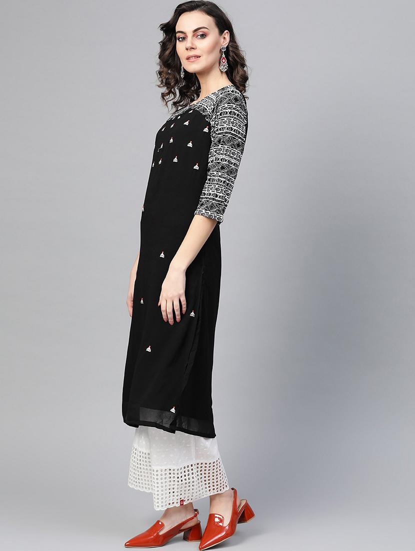 women black key hole neck straight kurta - 21523214 - Standard Image - 1