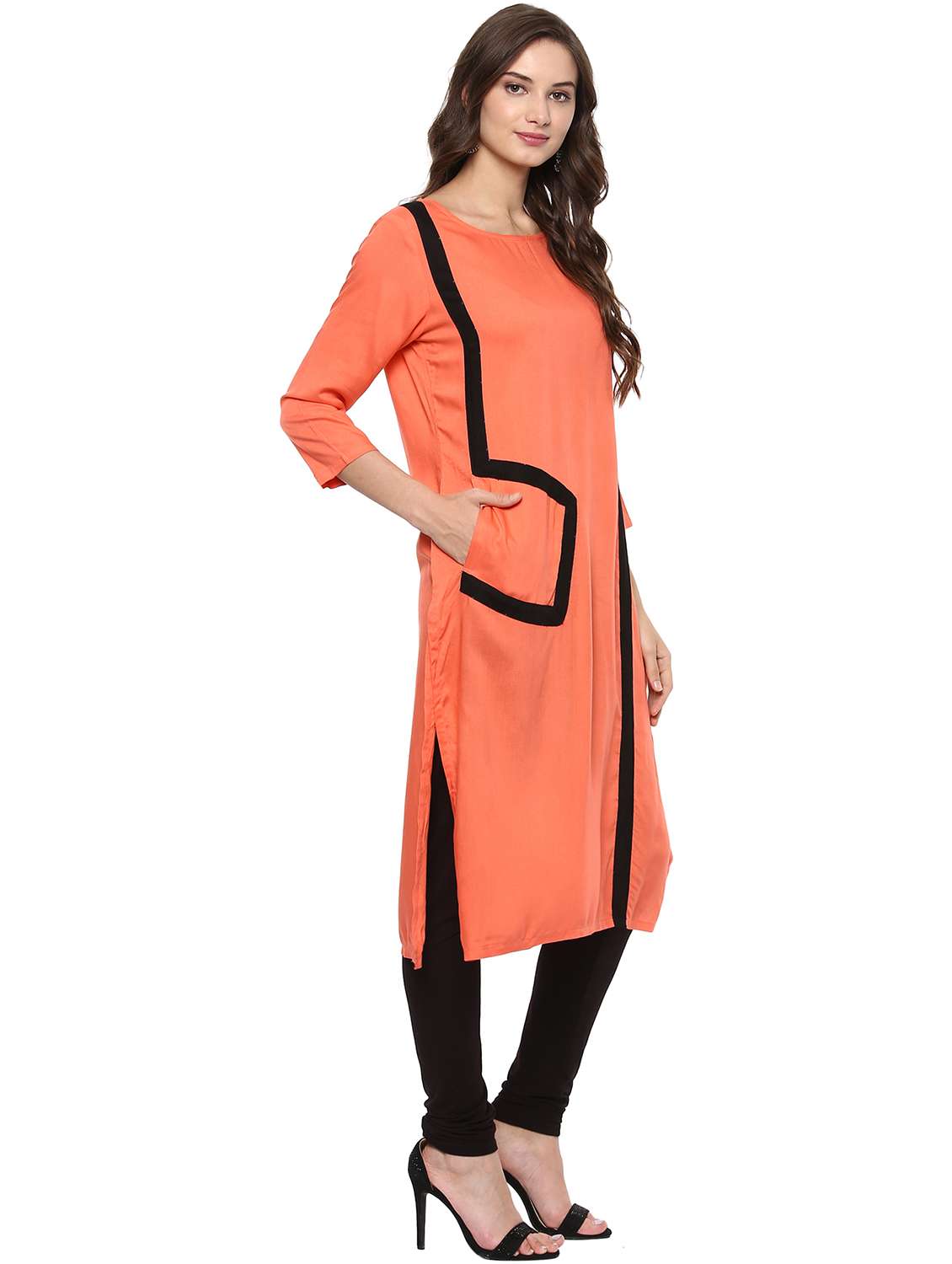 women orange round neck straight kurta - 21523220 -  Standard Image - 1
