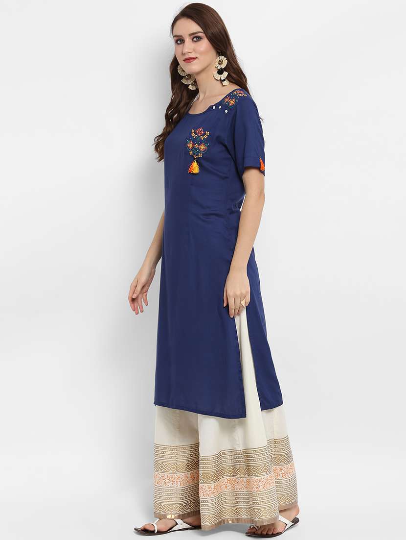 women navy blue round neck straight kurta - 21523234 - Standard Image - 1