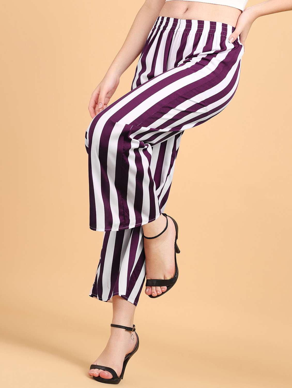 women striped mid rise wide leg trouser - 21523457 - Standard Image - 1