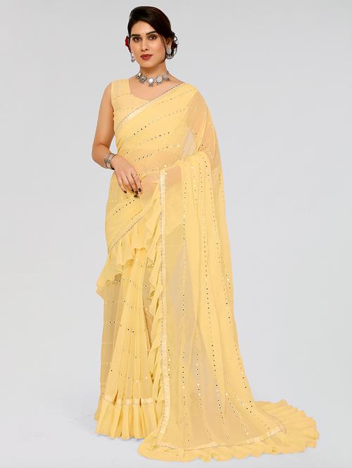 yellow georgette ruffle saree with blouse - 21523557 -  Standard Image - 0