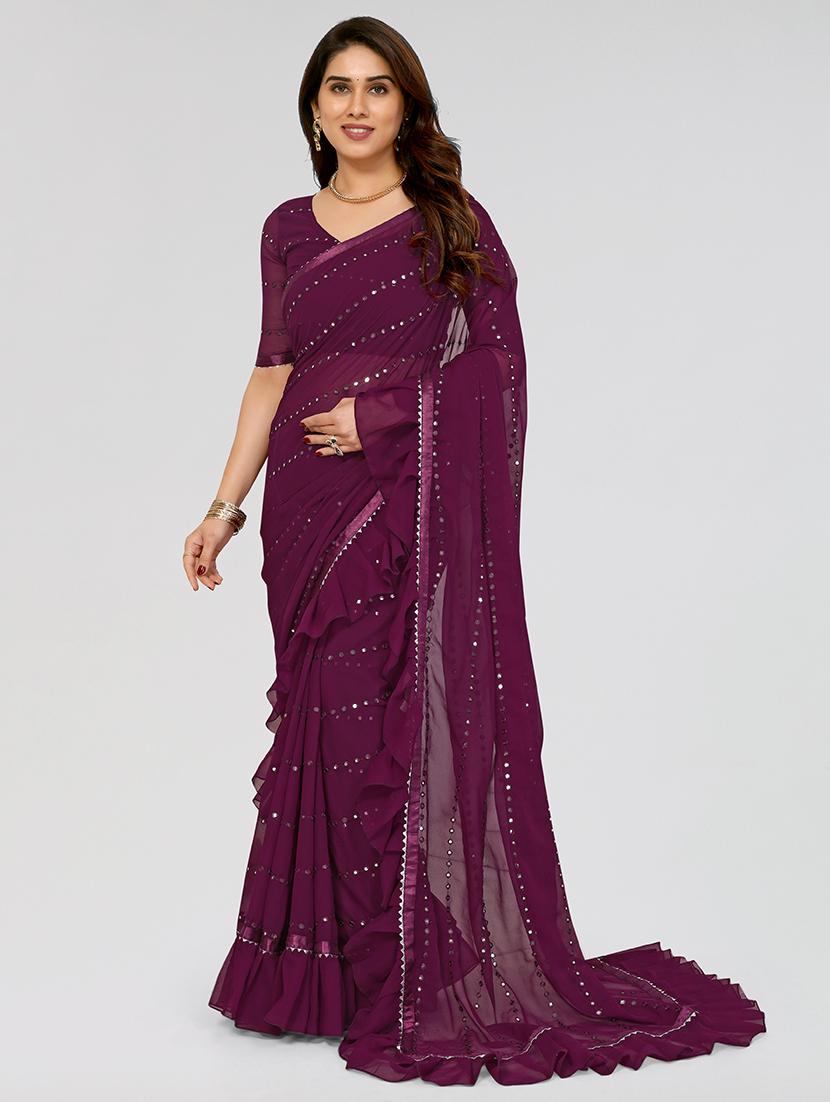 purple georgette ruffle saree with blouse - 21523559 - Zoom Image - 0