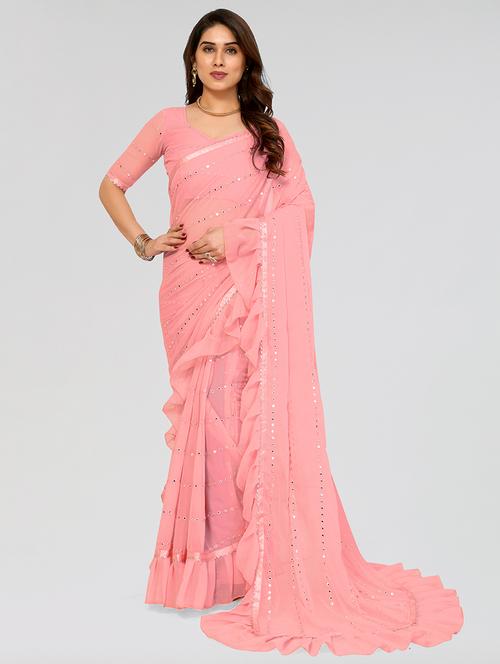 peach georgette ruffle saree with blouse - 21523560 - Standard Image - 0